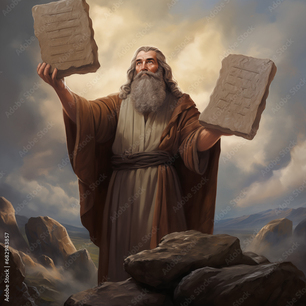 Moses and The Ten Commandments Bible Illustration - obrazy, fototapety, plakaty 
