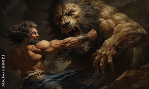Ancient Greek Mythology Hercules Nemean Lion Scene photo