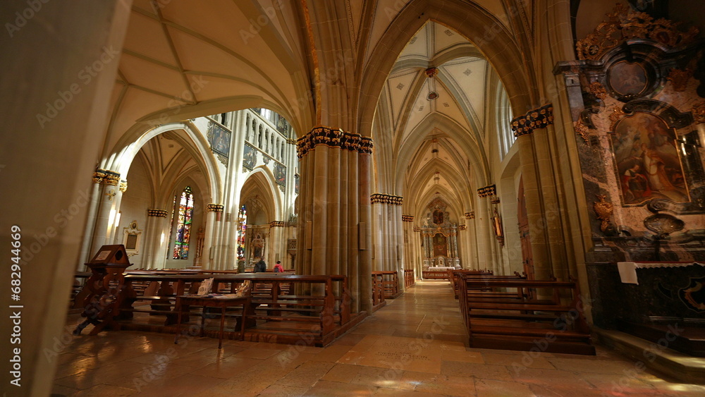 Fribourg, Switzerland Circa March 2022 - Echoes of Faith - Interior Glimpse of Saint Nicholas Cathedral, a Catholic Spiritual Haven