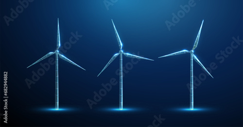 Abstract blue low poly wind turbine with different positions of vanes Front view Renewable power generation © Елена Бутусова