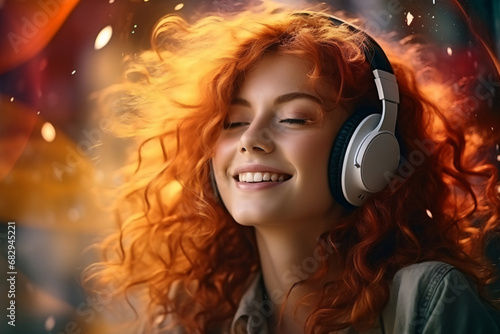 a red-haired girl with headphones enjoys music. listening to sounds, melodies, audiobooks in the headset.