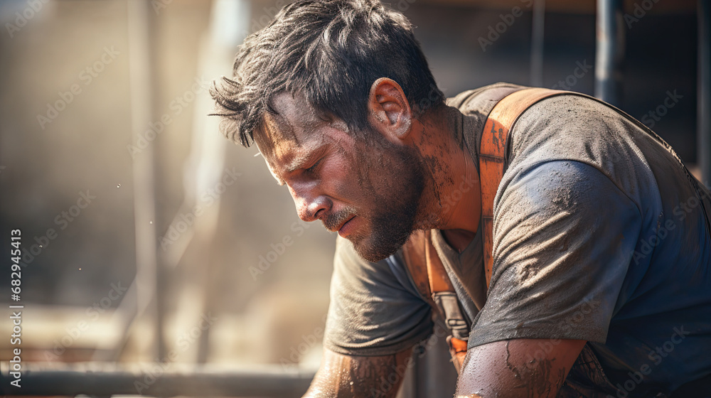 Hard working construction worker, portrait of a man, tired, hard work 