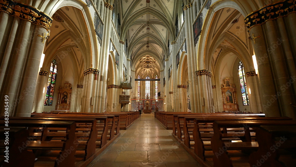 Fribourg, Switzerland Circa March 2022 - Sacred Glow, Interior of Saint Nicholas Cathedral, Catholic Reverence