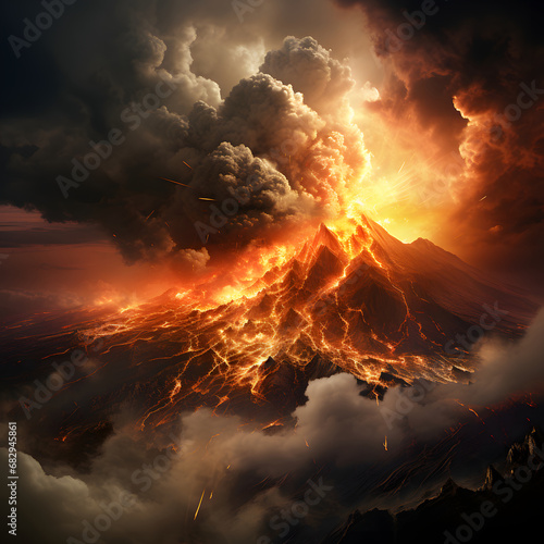 volcanic eruption, streams of incandescent lava flow down the slope. environmental disaster.