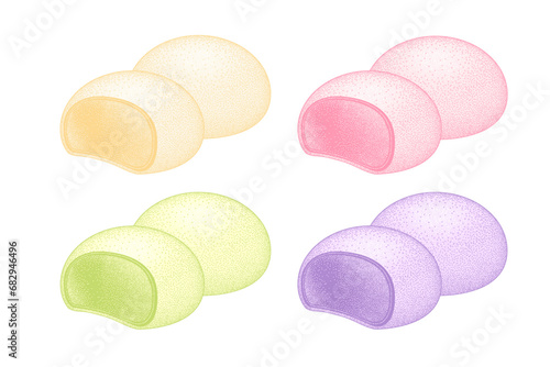 Mochi colored on white background. Japanese traditional sweet soft dessert. Bento mochi dish. Ball of rice flour with bean paste. Vector illustration with healthy sweet snack. photo
