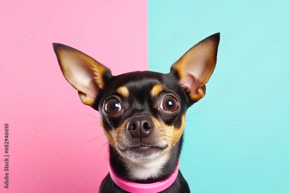 Dog's portrait on solid color background.