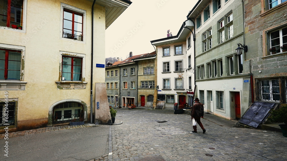 Fribourg, Switzerland Circa March 2022 - Traditional old European city street with its quaint charm in Swiss town