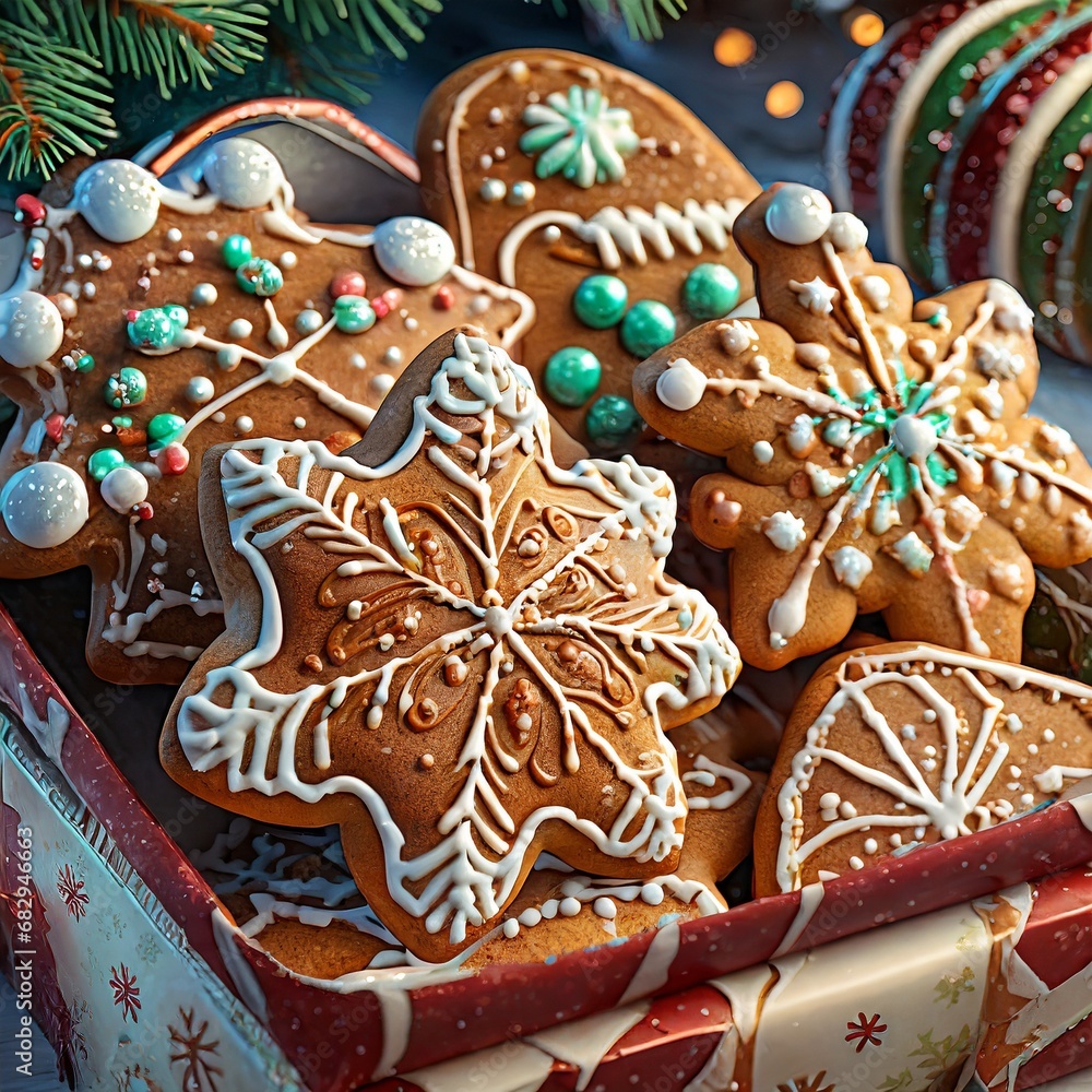 Colorful Christmas gingerbread cookies in a decorative box