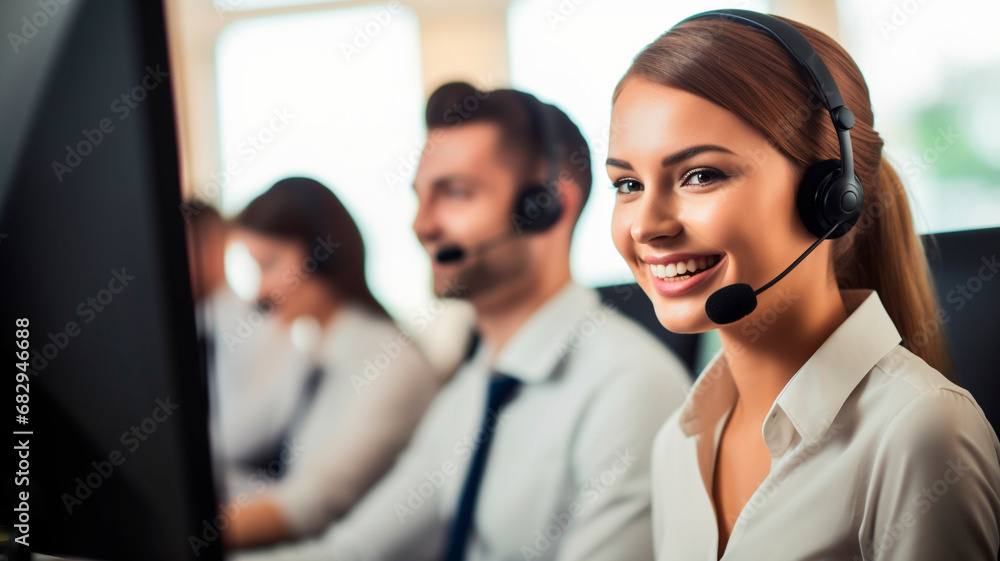 Call center workers. Men and women with headphones and microphone headset. Call center workers. Men and women with headphones and microphone headset.