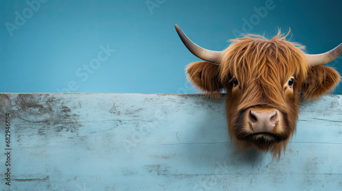 highland cow peeking around a corner, blue background, place for a text  photo