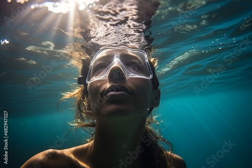 Freediver woman, underwater view.
