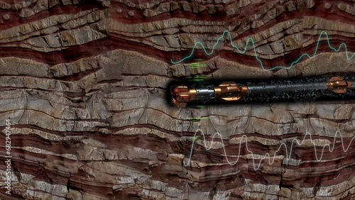 Horizontal drilling down hole view showing drill bit penetrating reservoir rock with data signal animation and open hole circulation photo