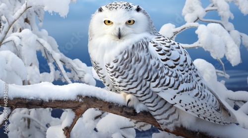A wise-looking snowy owl perched on a snowy branch in a winter wonderland.