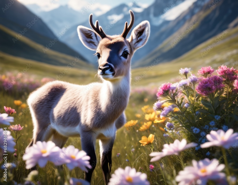 Fairy baby animal deer cervid with little antlers in Alpine mountain flower field in bloom