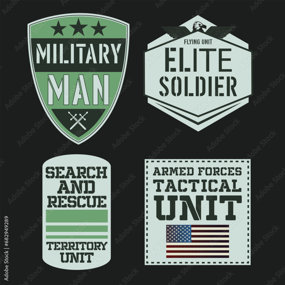 4 pieces  military labels. T shirt graphics. Print. Vector
