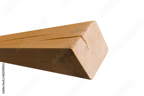 Wooden block plank with cracked wood object close-up on white background isolated