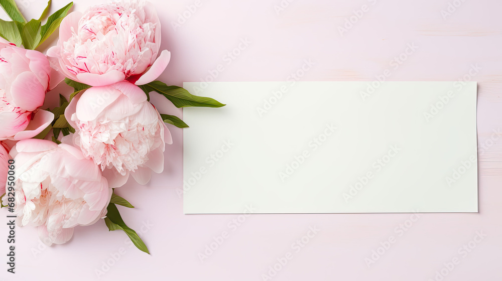Greeting or invitation blank card  with peony flowers top view 