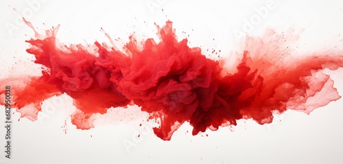Ignite visual excitement with a red powder explosion abstract over a white background, creating isolated red powder splatters that form a vibrant cloud of color.