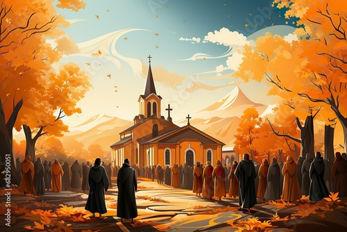 In a serene autumnal scene, a congregation gathers outside a stately church photo