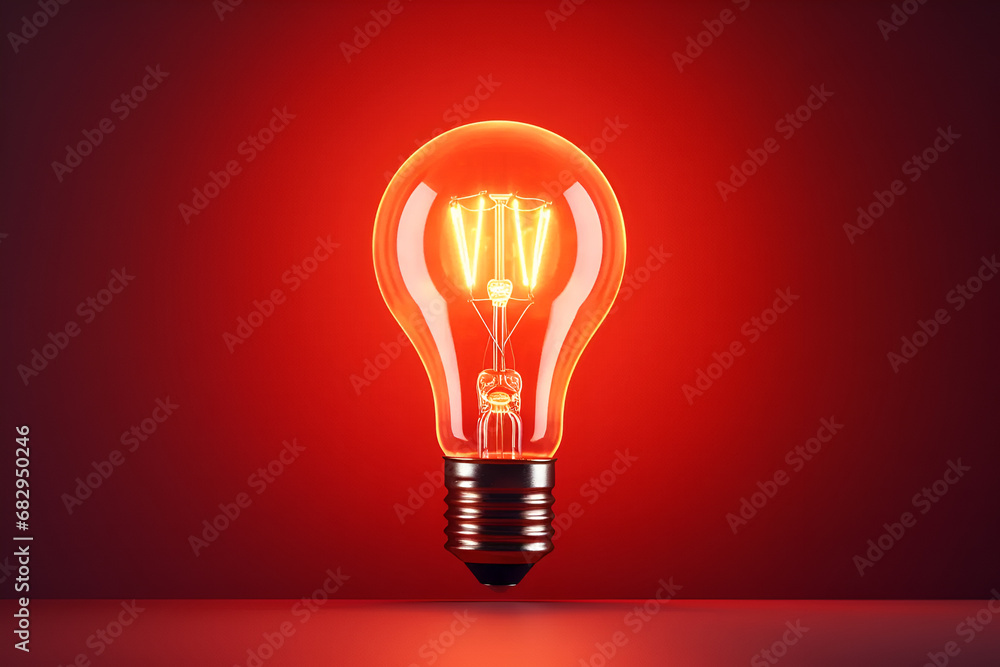 Red light bulb isolated on a red background. Creativity concept, new idea, innovation, think differently Red light bulb isolated on a red background. Creativity concept, new idea, innovation, think differently