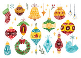 Set of Christmas Ornament in Watercolor Style Vector Illustration