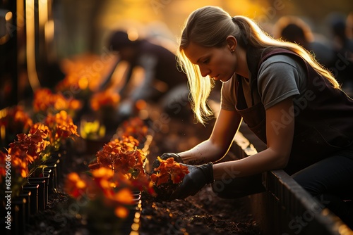 A gardener tenderly cares for vibrant flowers in the soft golden sunlight