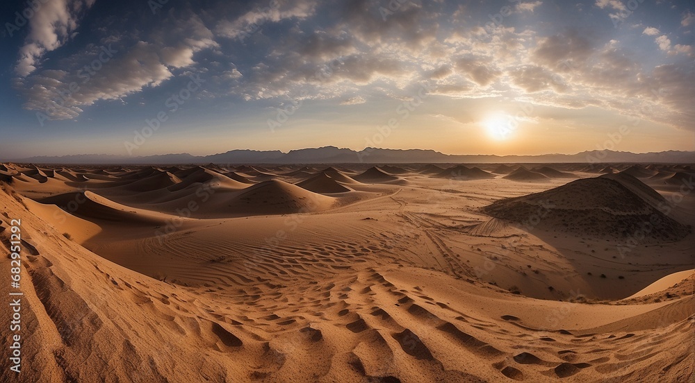 sunset in the desert, panoramic desert scene, sand in the desert, landscape in the desert