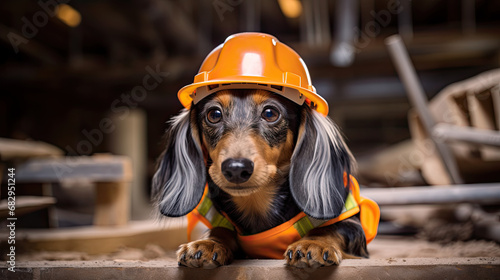 Dachshund dog wearing hard hat and safety vest as a construction worker