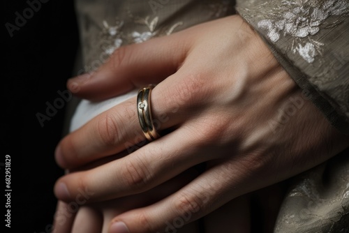 Close up of woman's hands with wedding rings on black background, Wedding rings and hands closeup, AI Generated