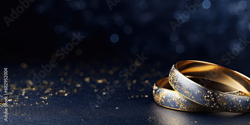 Golden wedding rings on a navy blue background 