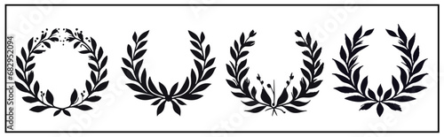 Laurel wreaths in silhouette pattern. Elegant hand-painted floral frame with branches and leaves. Vector illustration for label, business identity, wedding invitation, greeting card, diploma