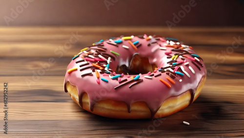 Pink donut on wooden background, AI generated