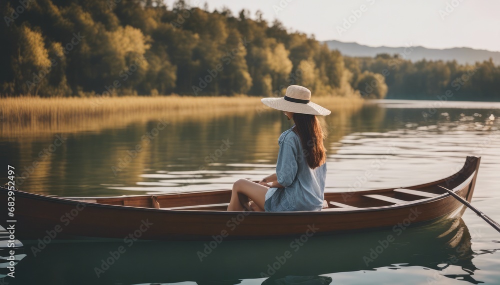 happy young woman tourist in asian hat on the boat at lake happy young woman tourist in asian hat on the boat at lake