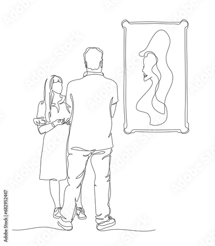 Couple in art gallery. Man looking at picture of abstract woman portrait. Continuous line drawing. Black and white vector illustration in line art style.
