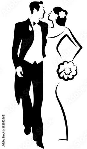 Wedding. The bride and groom look at each other with love. Stylization. Black and white illustration on a white background. Vector.