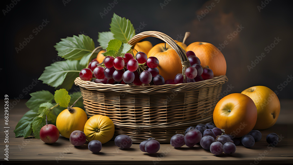 Still life, composition of autumn fruit in a basket