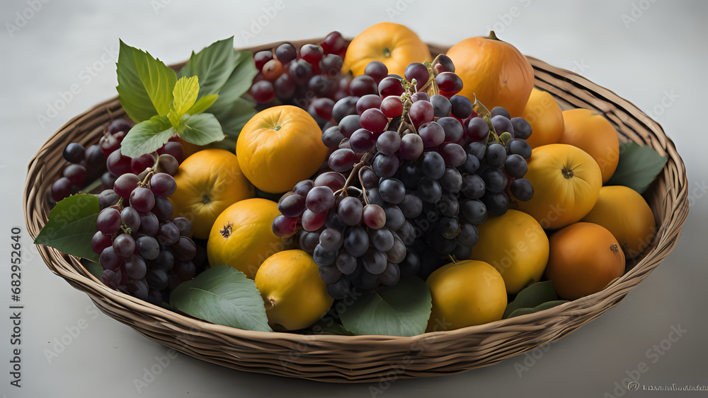 Still life, composition of autumn fruit in a basket Still life, composition of autumn fruit in a basket