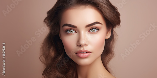 Beautiful model with clear skin closeup portrait, beauty banner 