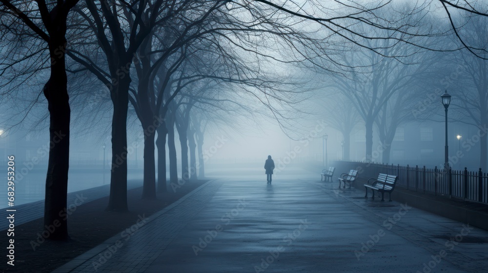 Foggy street with a solitary person walking Foggy street with a solitary person walking