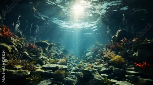 Underwater scene with sun rays and marine life