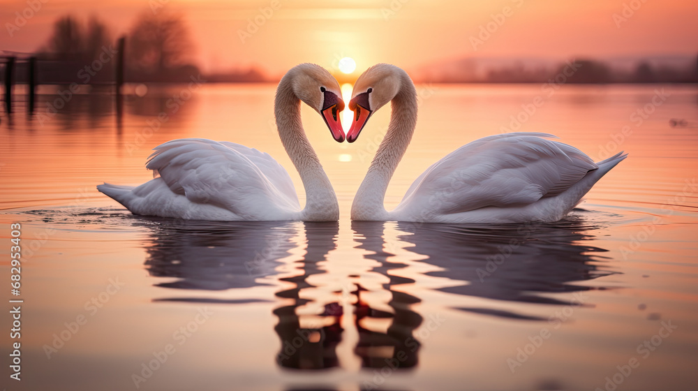 Fototapeta premium two swans in love at the sunset, Valentine's Day 