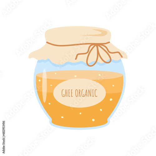 Vector Ghee butter in a glass jar on a white background. Ayurveda. Keto diet. 