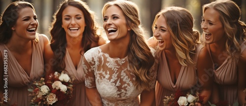 Up close, a lovely bride and her bridesmaids pose in the natural setting of their wedding day, wearing exquisite silk gowns and holding bouquets of flowers. . photo