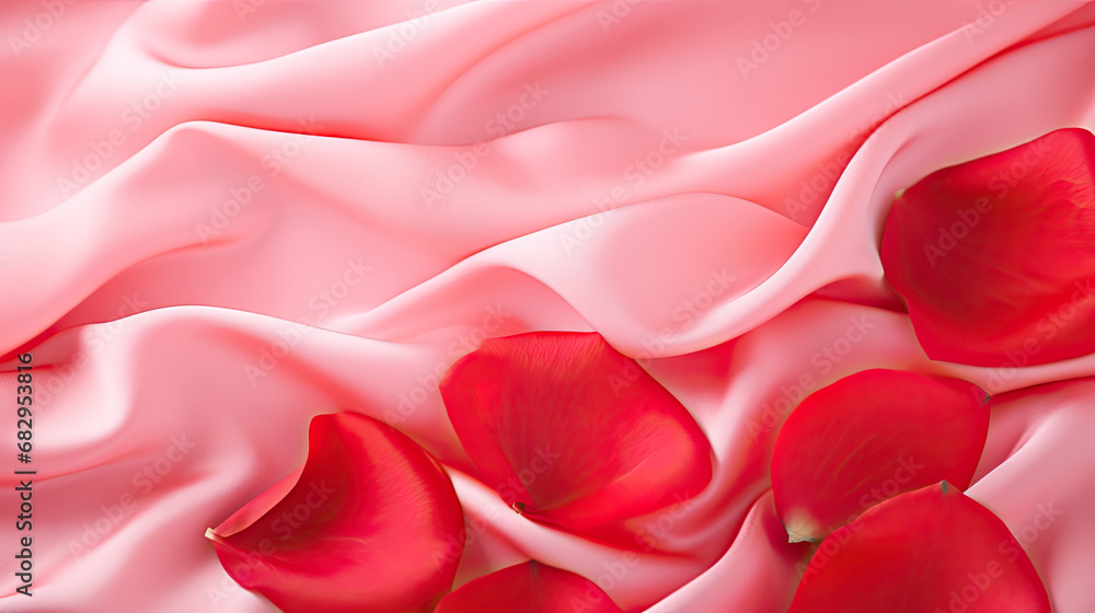 rose flowers petals on a  satin background, Valentine's Day banner 