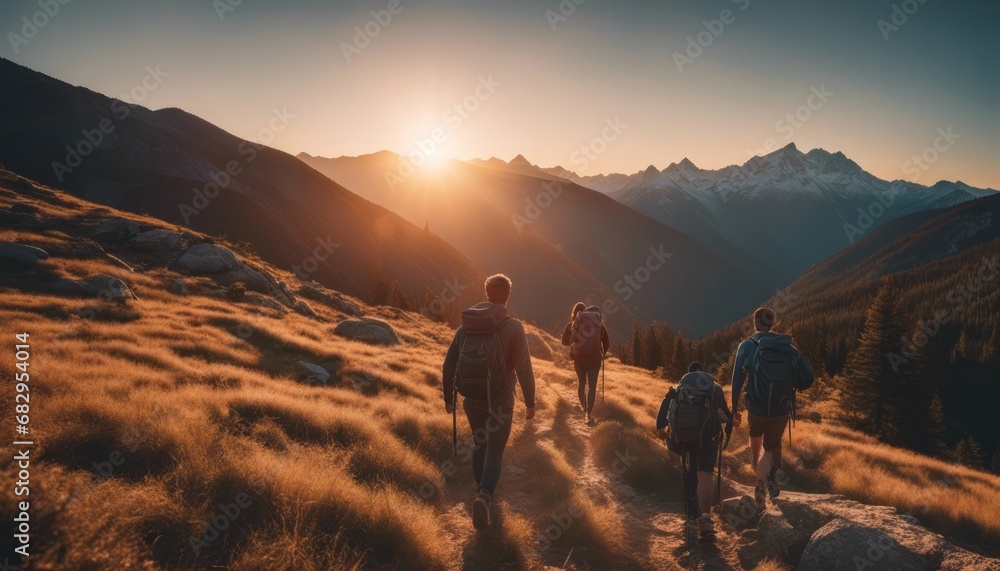 Hikers with backpacks walks in mountains at sunset Hikers with backpacks walks in mountains at sunset
