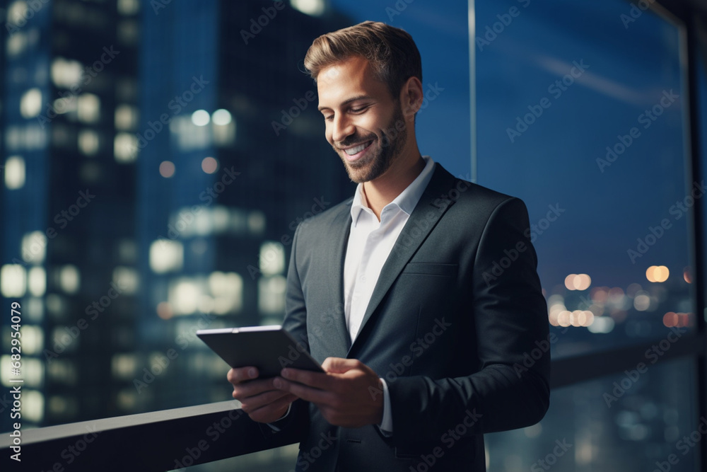 Fototapeta premium smiling businessman in formal wear using tablet