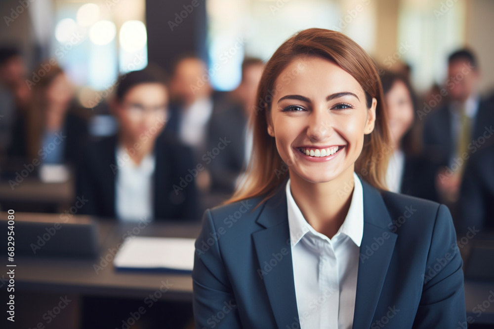 smiling businesswoman in conference room with copy space smiling businesswoman in conference room with copy space