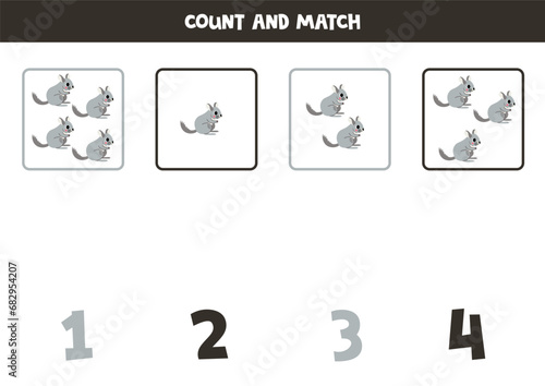 Counting game for kids. Count all gray chinchilla and match with numbers. Worksheet for children.