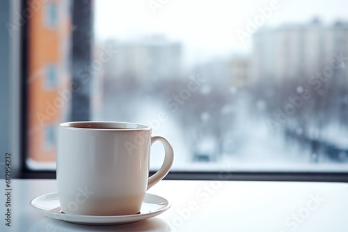 cup of hot coffee on the windowsill. Steaming mug of hot cocoa, winter city background