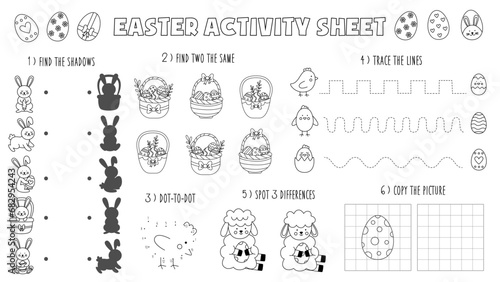 Vector Easter place mat for kids. Winter activity sheet. Black and white Easter worksheet.
